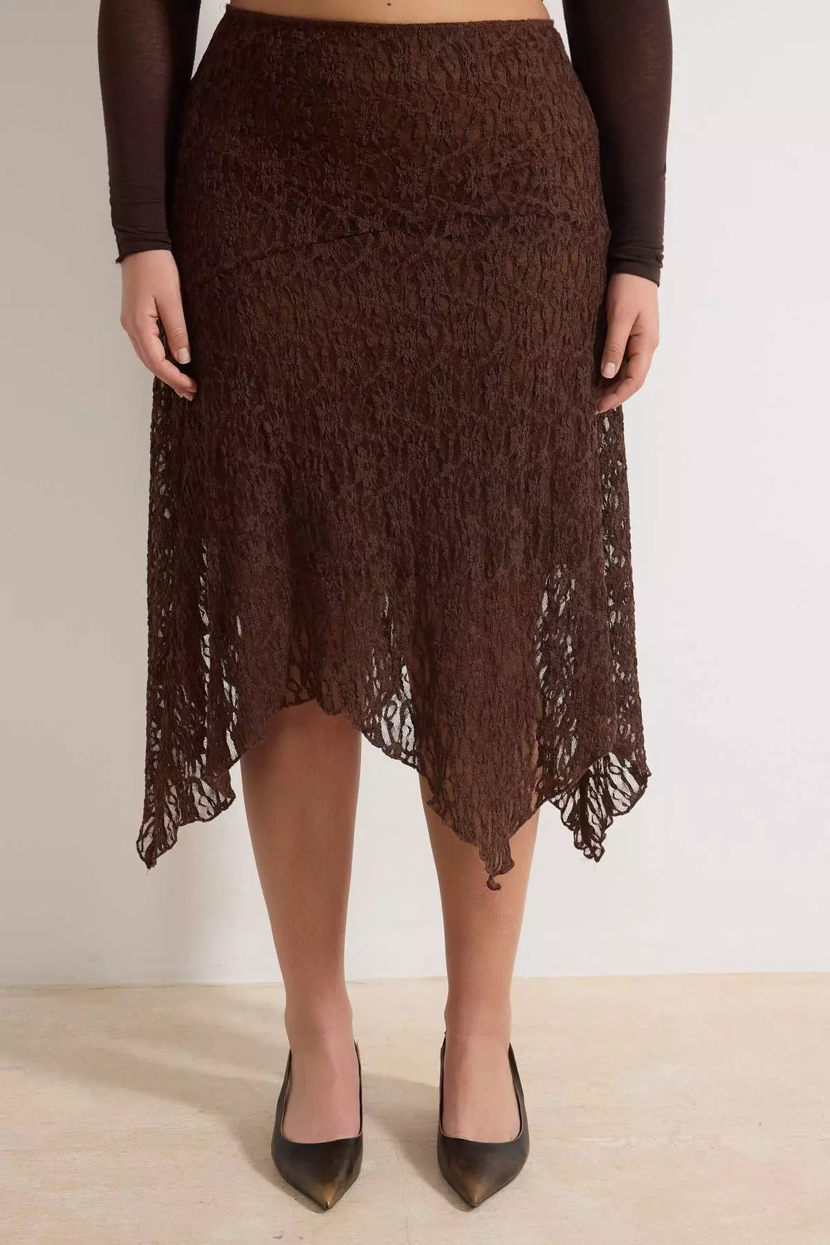 Brown Lace Asymmetric Handkerchief Form Midi Knitted Plus Size Skirt Tbbaw26Az00027