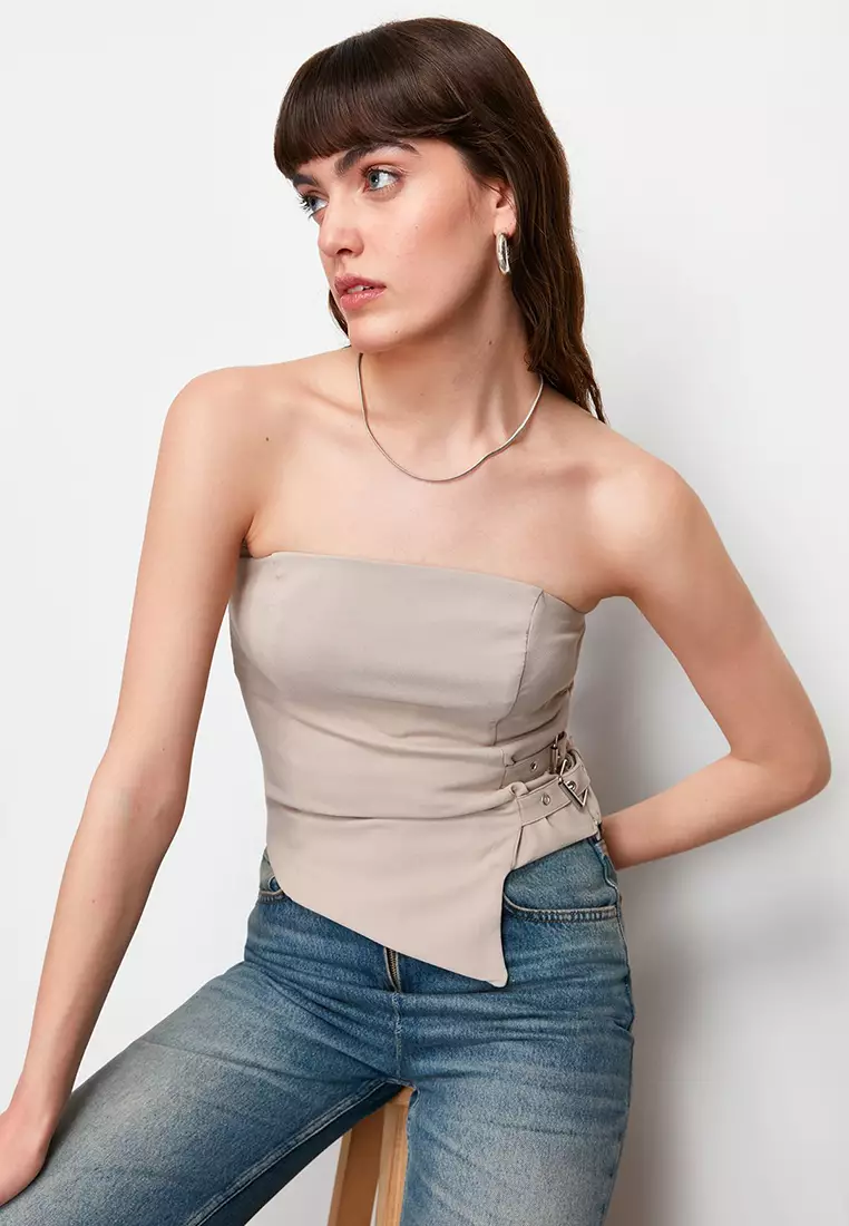 Strapless Blouse with Belt Buckle