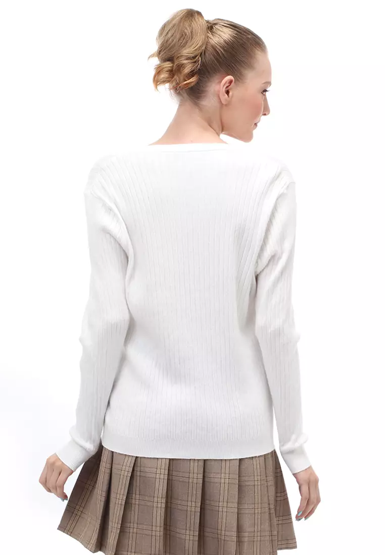 Yardley Cardigan Atasan Wanita Long Sleeves Motif Salur Front Button Opening - Putih