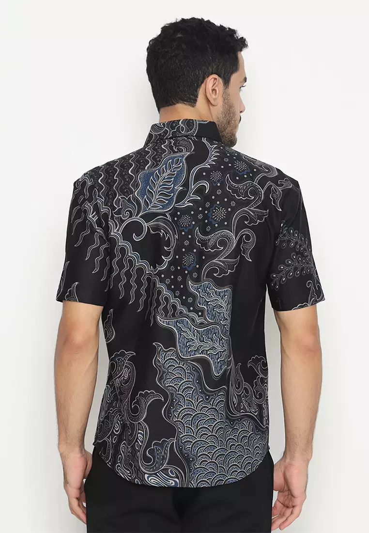 Kemeja Batik Pria Slimfit Ganesha Lengan Pendek - Black