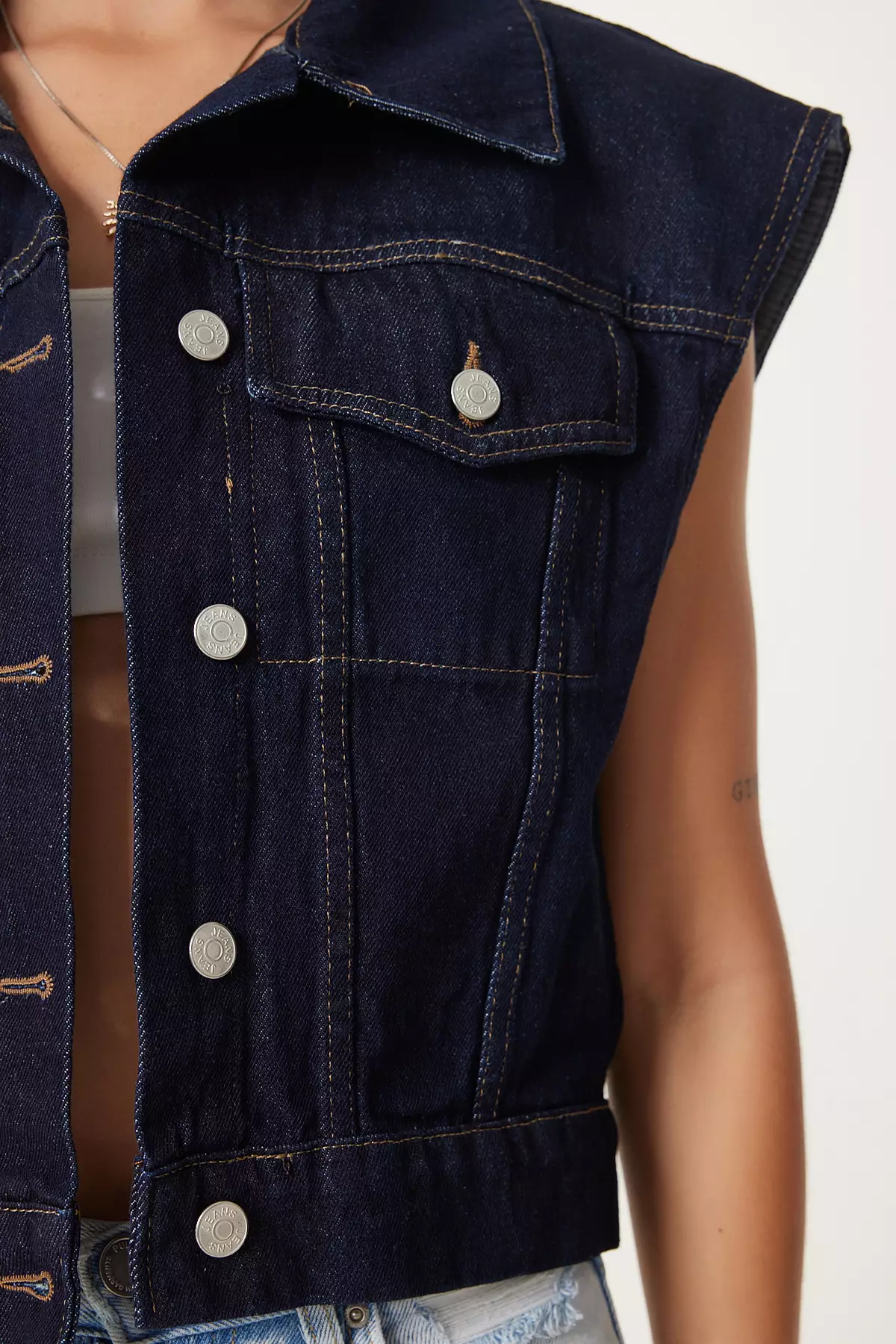 Jual Happiness Istanbul Women's Dark Blue Crop Denim Vest With