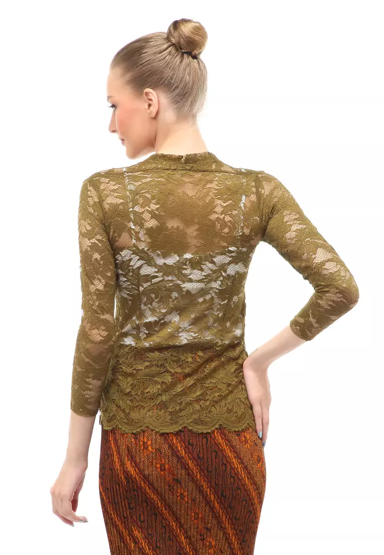 Hara Kebaya Seri 2 Motif Brokat Long Sleeves Atasan Wanita Transparan Premium Quality - Army