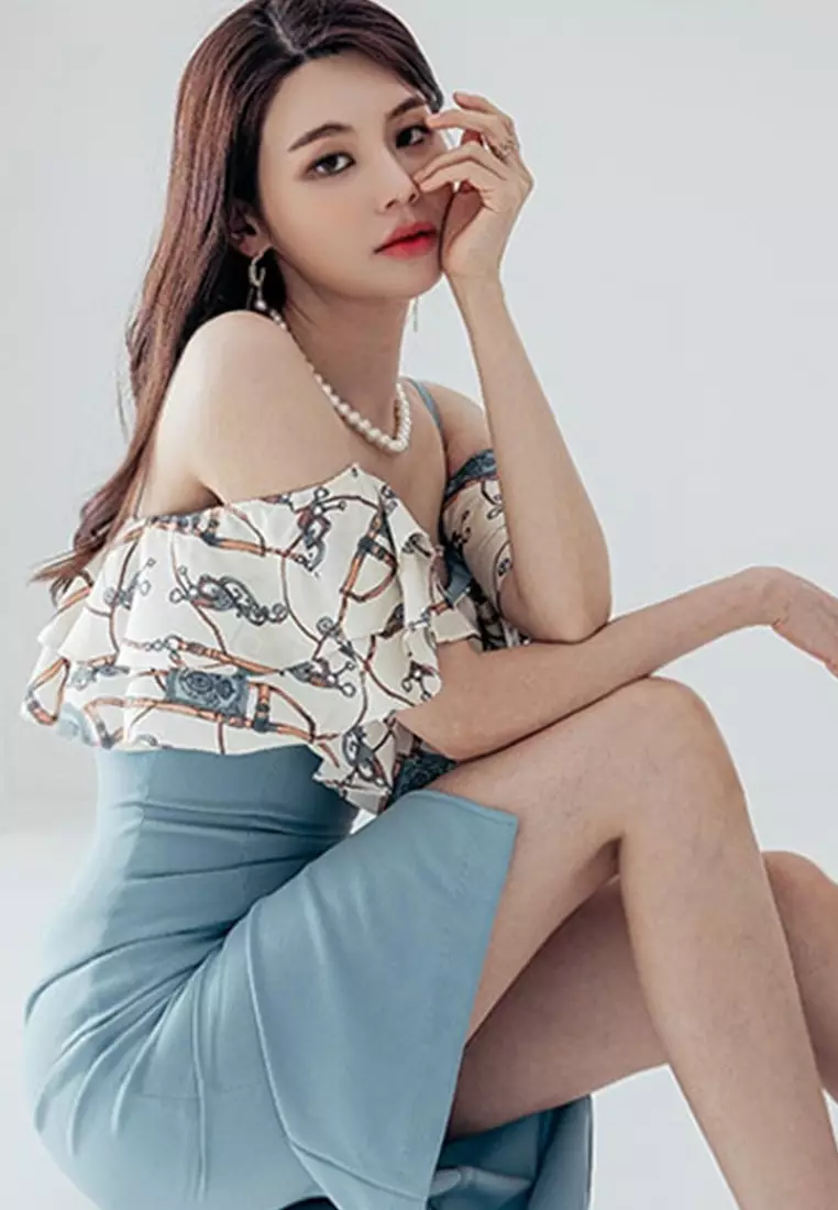 Sexy Suspender Print Ruffled Hip One Piece Dress A22022529