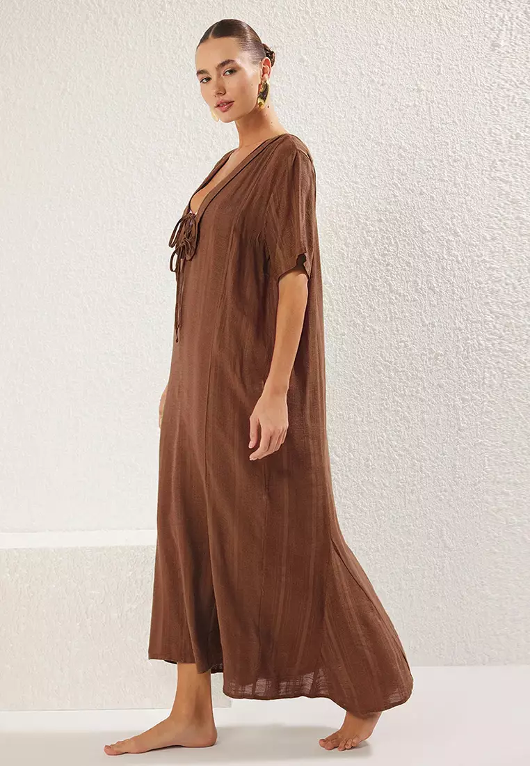 Brown Maxi Woven Tie Linen Look Beach Dress Tbess25El00022