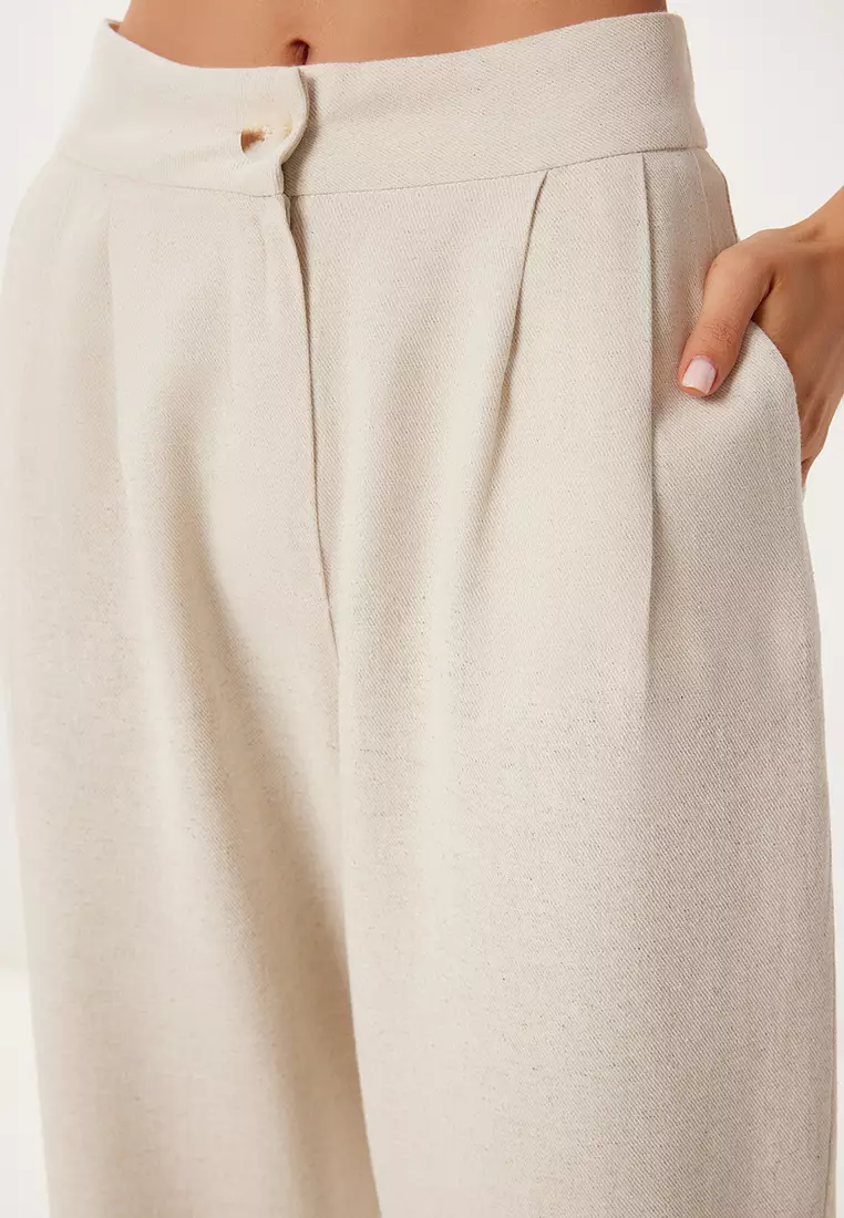 Women's Cream Pocket Linen Baggy Trousers Bv00164