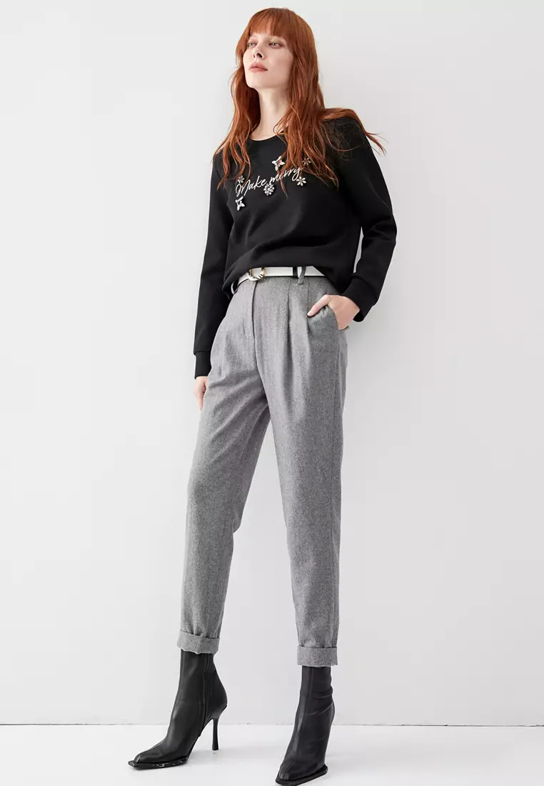 Grey Boyfriend Pants With Fold Over Cuffs