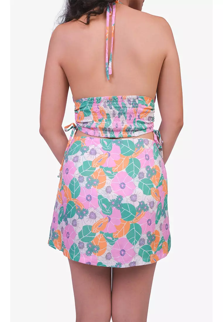 Groovy Floral Print Halter Top and Skirt Set