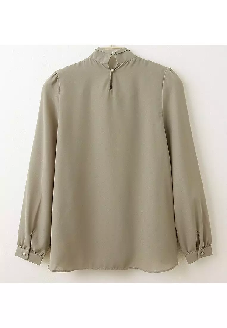 Pleated High-Neck Puff Sleeve Long Sleeve Blouse [AB19778]