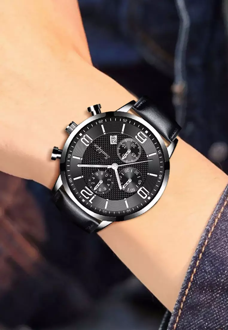 Jam Tangan Pria Kalender Kuarsa Bisnis Klasik Anti Air Tali Kulit Jam Tangan Cowok black silver