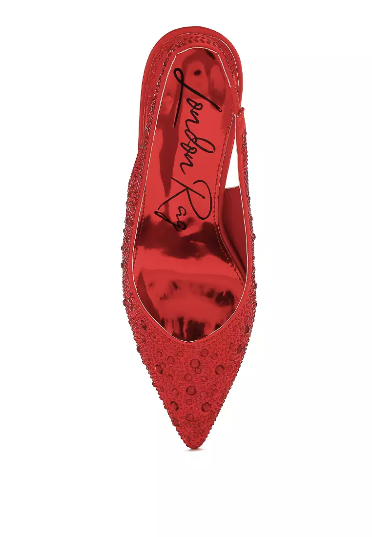 Luxurious Satin Pearl Slingback Sandals in Red