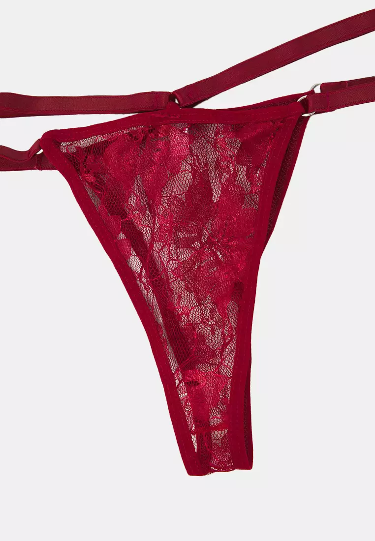 Black-Red 2-Pack Lace Elastic Floral Thong Knitted Panties