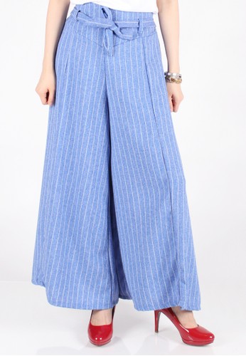 Striped Linen Bowtie Wide Maxi Culottes - Blue
