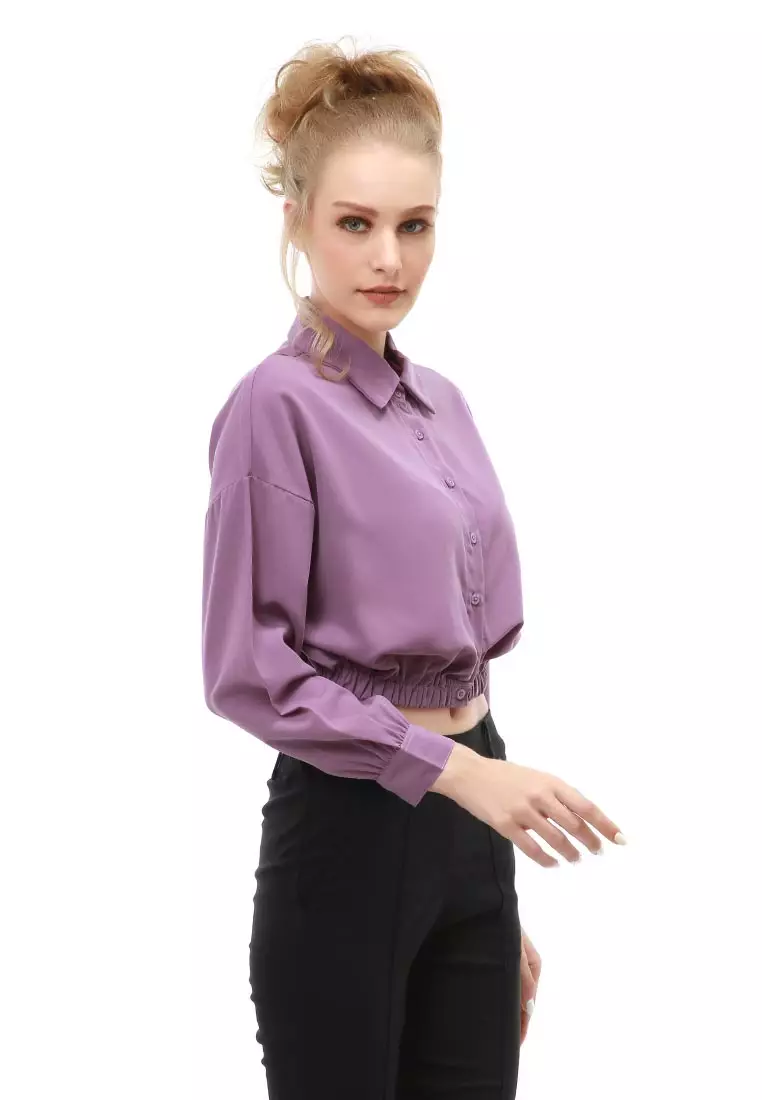 Holly Atasan Kasual Wanita Kemeja Lengan Panjang Shirt Long Sleeve Variasi Karet Pinggang Material Woven ORIGINAL - Lilac