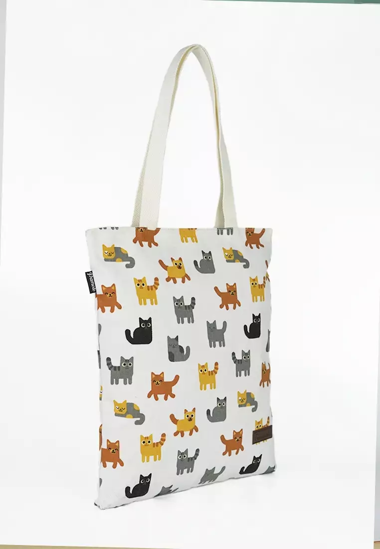 Tote Bag Wanita Tas Wanita Bahan Kanvas Penutup Resleting Motif Kucing