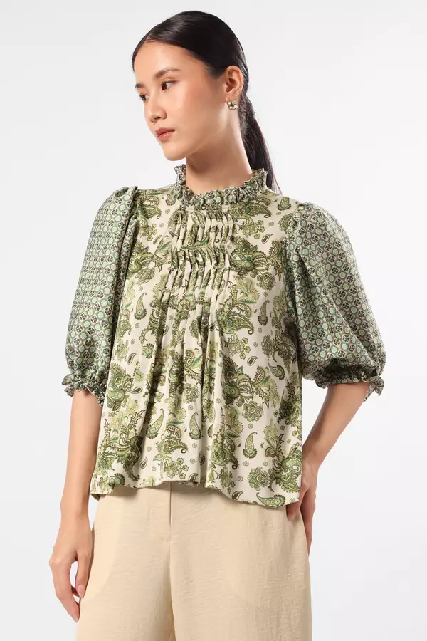 MINIMAL - Mina - Blus Ruffle Motif Paisley - Green Colour Green