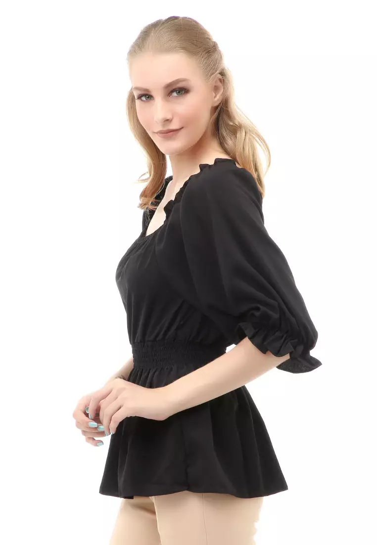 Cheva Blouse Atasan Wanita Sabrina Karet Pinggang Lengan Panjang Casual Shirt Long Sleeve Material Wolfis ORIGINAL - Black