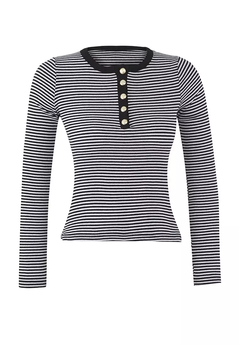Black Crew Neck Buttoned Fitted/Fits The Body Flexible Ribbed Knitted Blouse