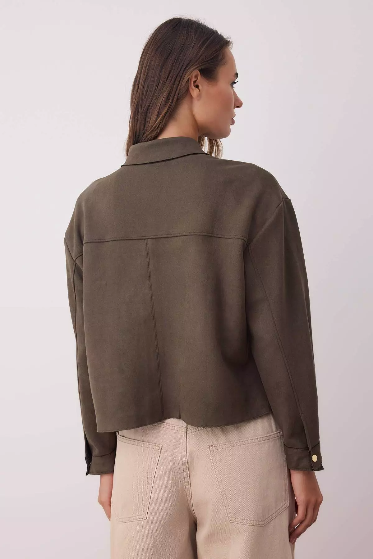 Khaki Gold Button Detailed Suede Shirt Jacket