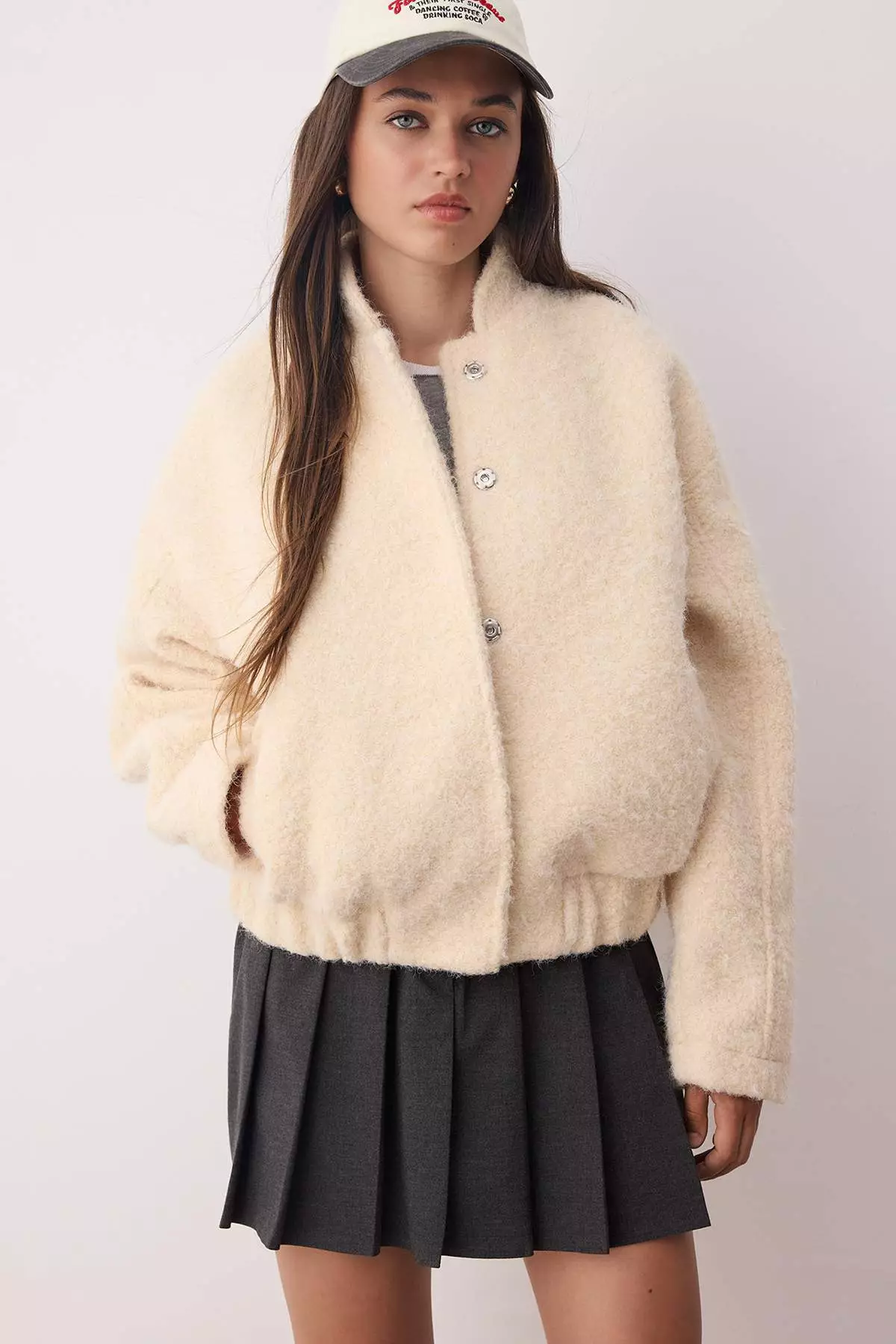 Ecru Regular Boucle Thin Jacket Coat