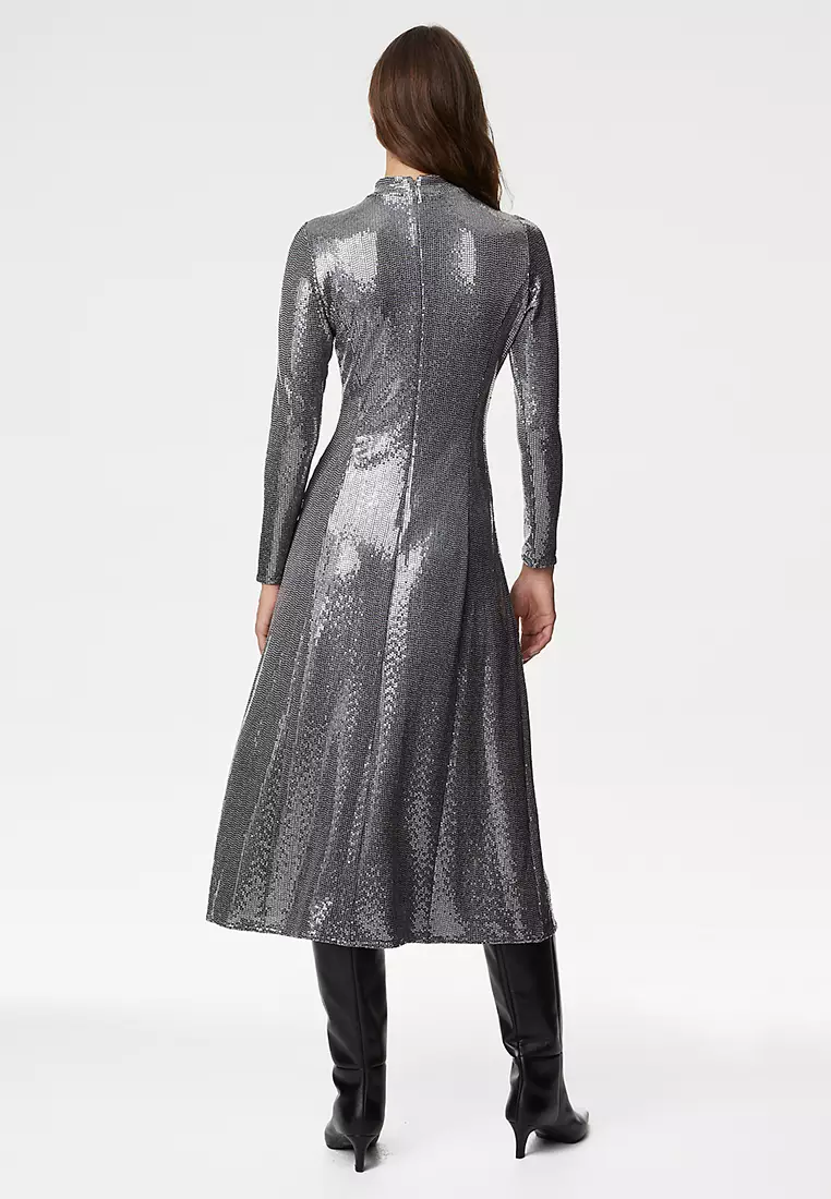 Sequin Ruched Midi Column Dress