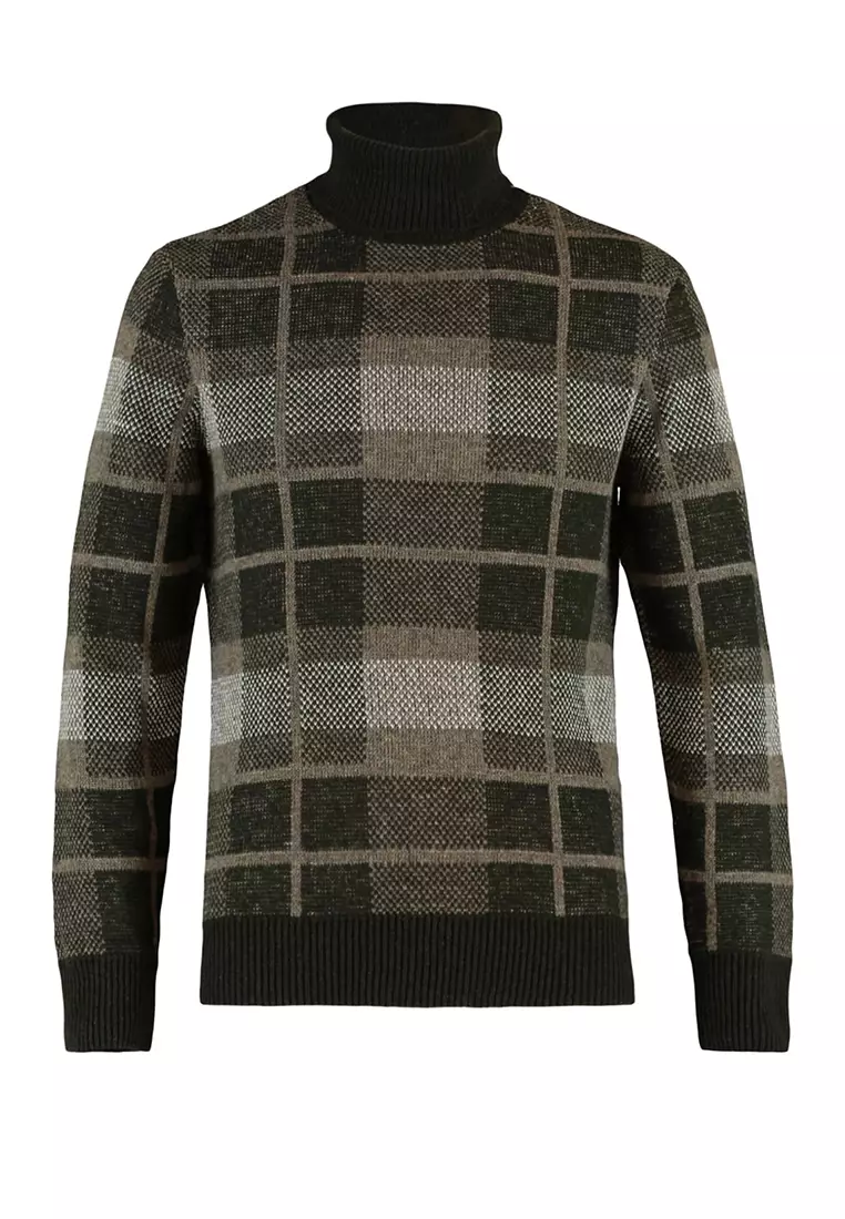 Slim Fit Turtleneck Plaid Knit Sweater