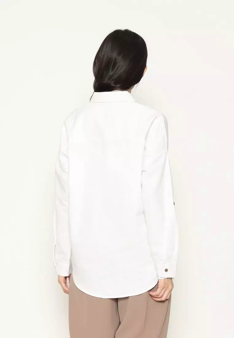 Urban Exchange Ariana Waffle White Shirt - Atasan Kemeja Outer Putih