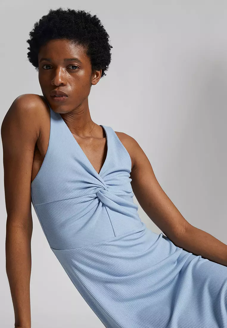 Ribbed Twist-Front Midi Dress
