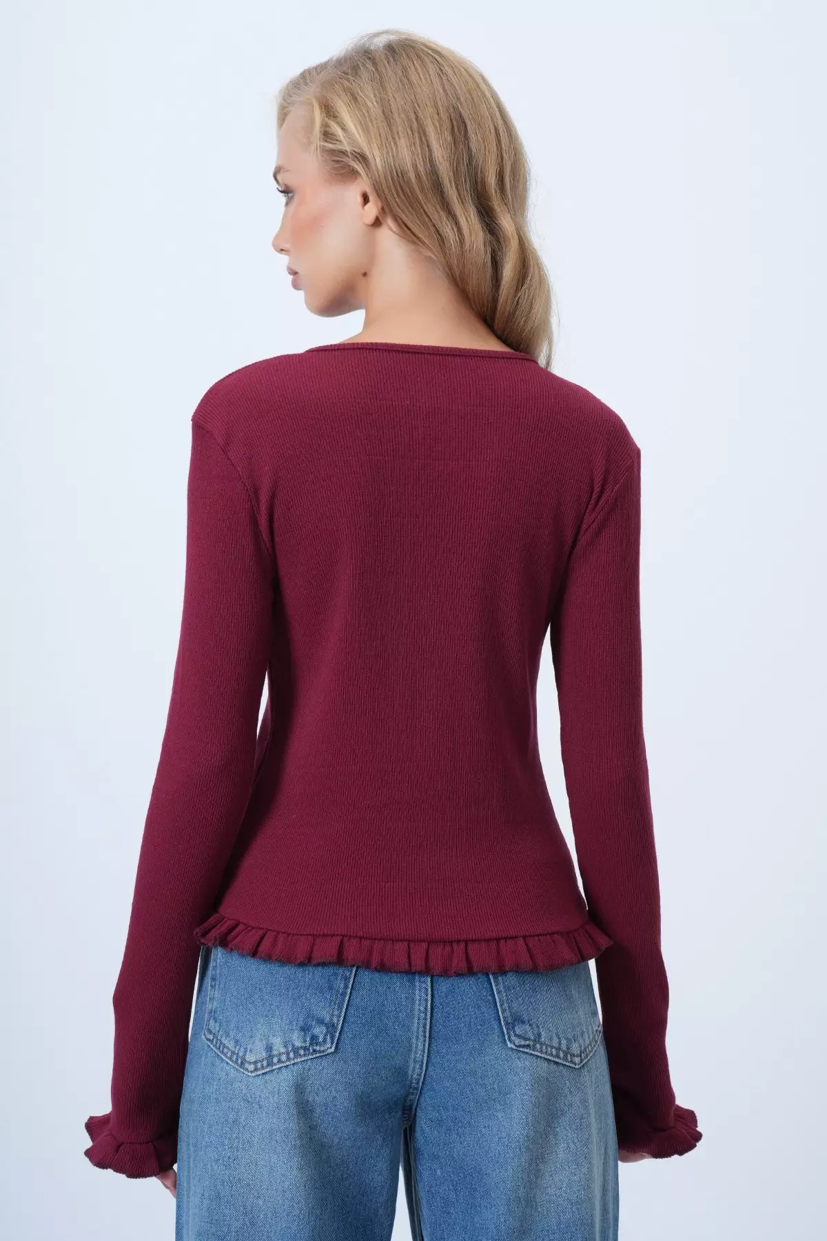 Women's Burgundy Crew Neck Ruffle Detailed Buttoned Front Knitted Blouse Alc-X14533