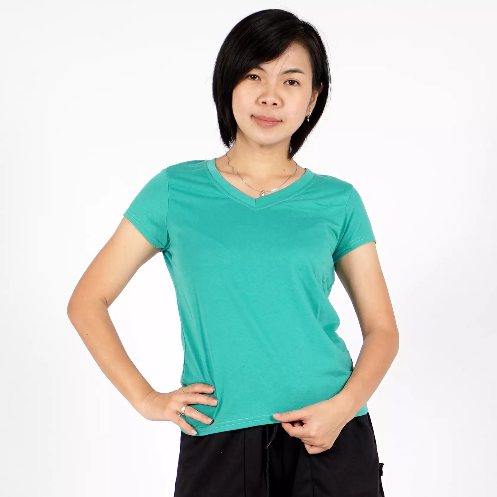 OKECHUKU Vioree T-Shirt V-Neck Oblong Polos Tangan Pendek Kaos Wanita Leher V - Toska