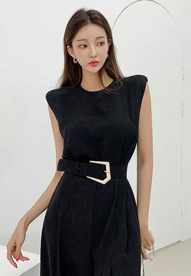 韓風氣質高開叉收腰長連身裙 A21031907BK