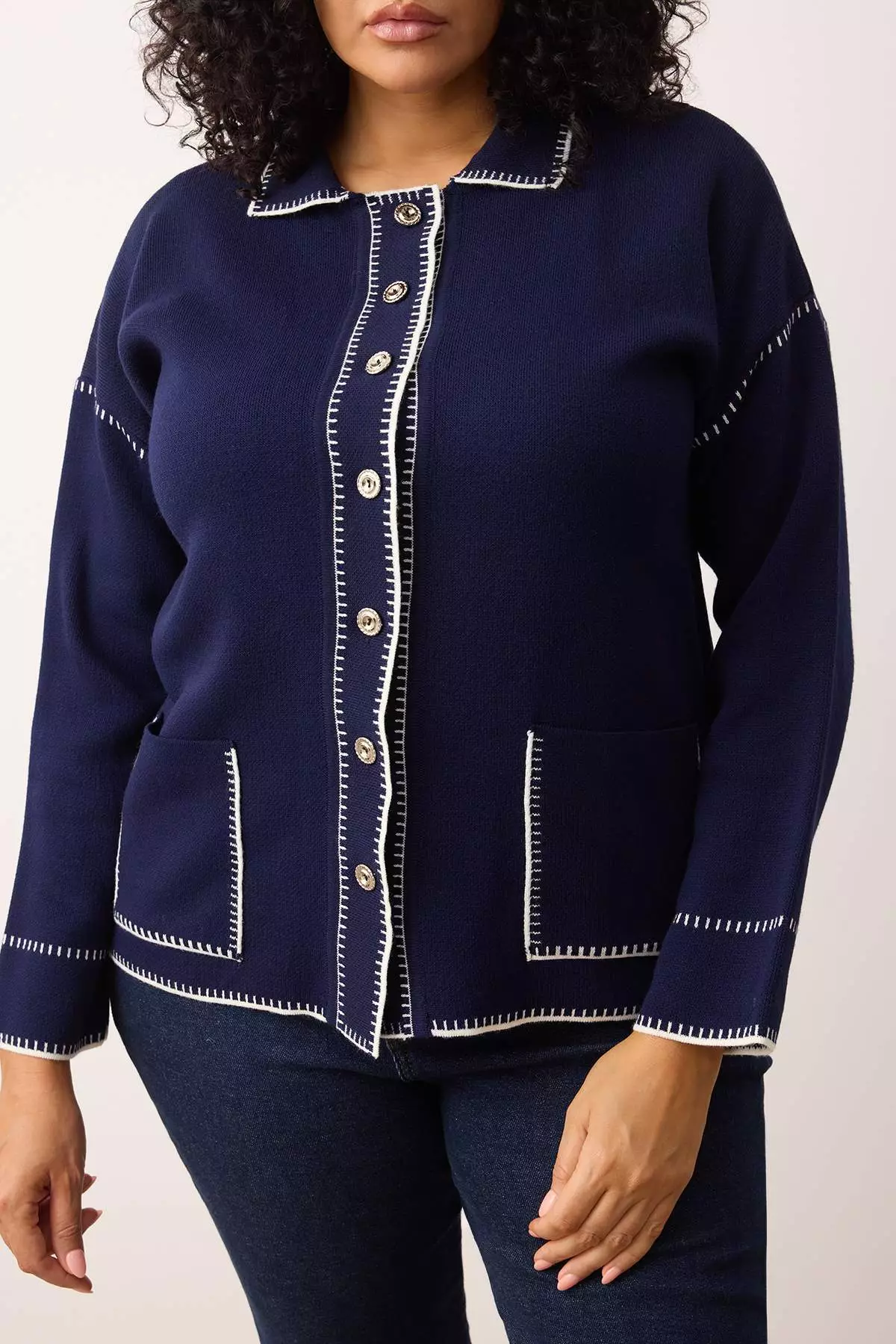 Navy Blue Polo Collar Embroidered/Embroidered Knitwear Cardigan