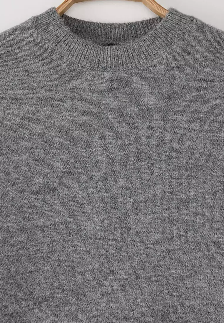 Anthracite Alpaca Wool Blended Premium/Special Yarn Wide Fit Basic Knitwear Sweater