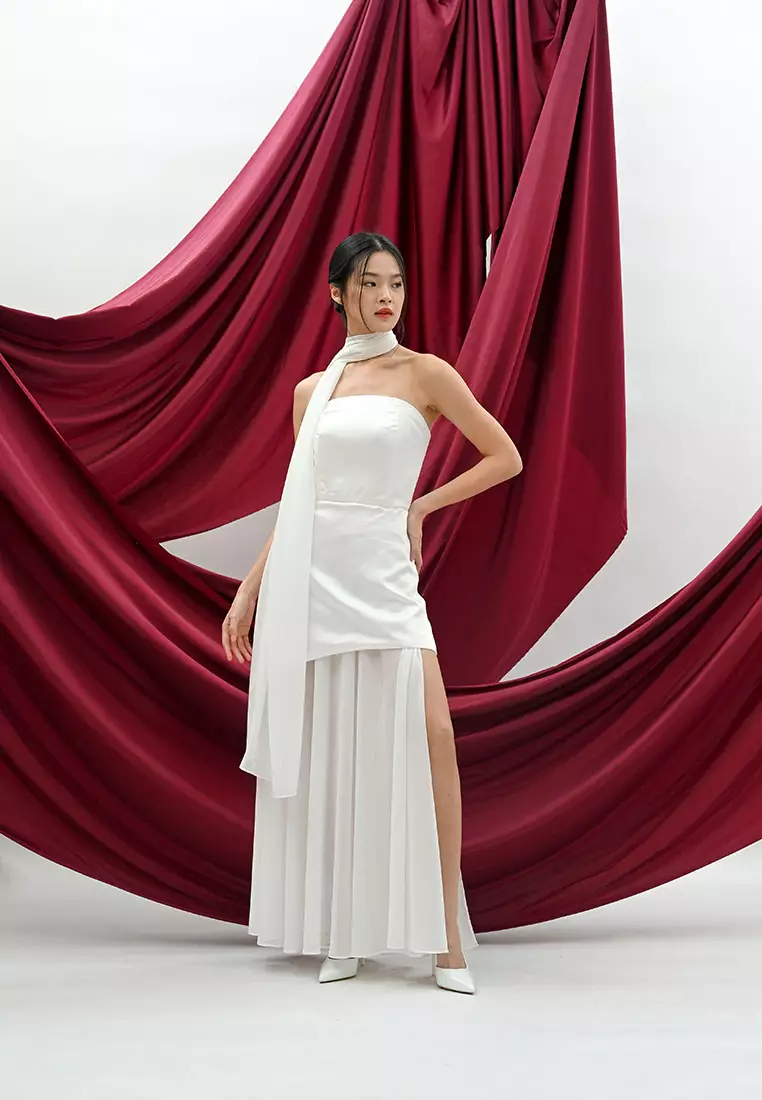 Tube Chiffon Maxi Dress with Scarf in White