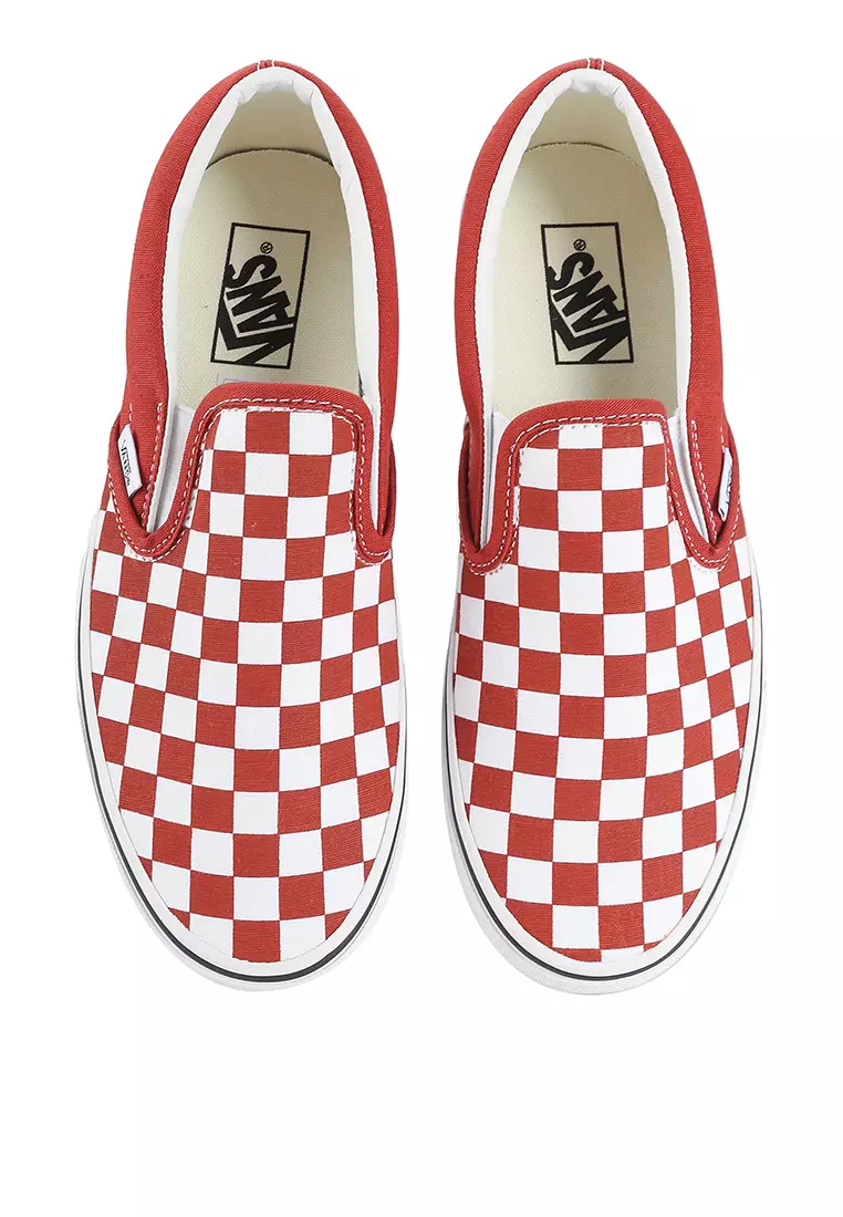 White and red deals slip on vans