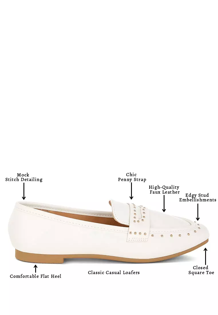 Studded Faux Leather Loafers in White