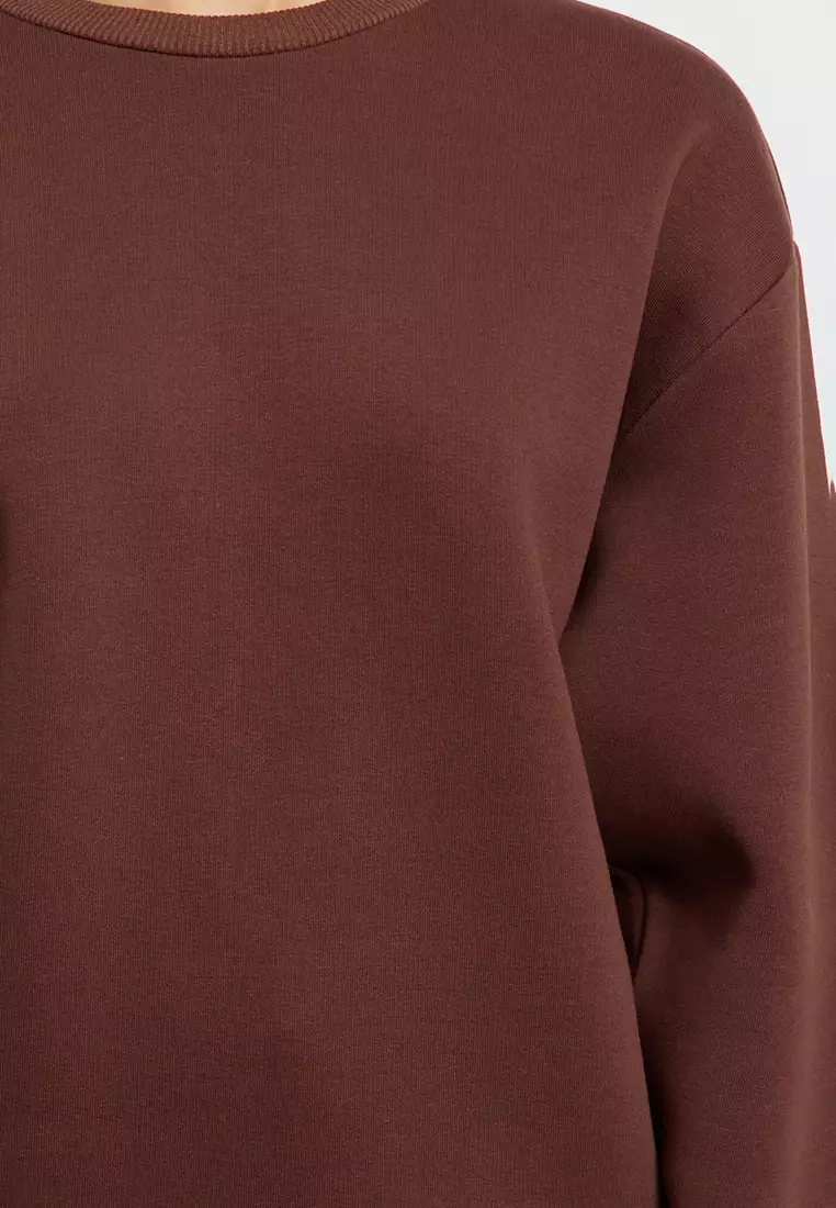 Thick Cut Brown Fleece Crew Neck Sweatshirt
