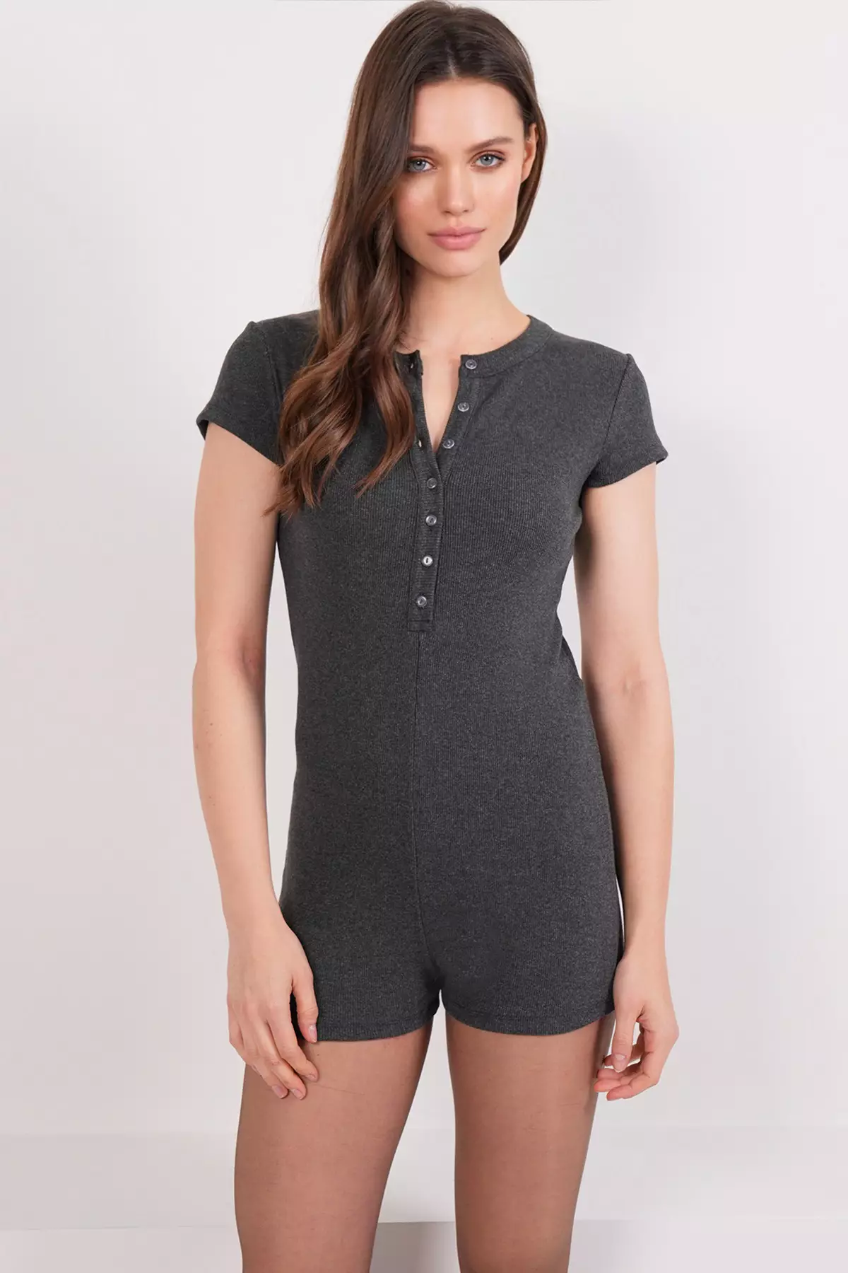 Anthracite Crew Neck Ribbed Short Sleeve Jumpsuit Romper Pjm-X13914