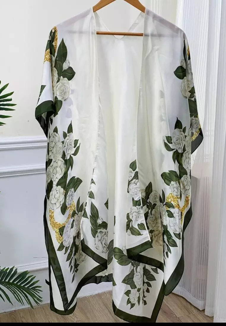 Aksesoris Wanita Garden Flowers Outer Syal Outer Wanita Dark Green & White