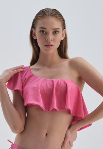 DAGİ pink Fuchsia One Shoulder Bikini Top, Frilled, Plain, Beachwear for Women 86C73USB501FB5GS_1