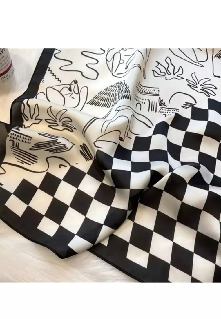 Aksesoris Scarf Paradise Checks Motif Silky Square Satin Scarf Segi Empat Ukuran Kecil Black & white