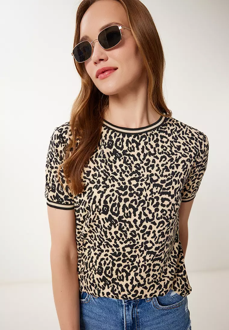 Women's Black Beige Patterned Stretch Knitted Blouse Tp00078