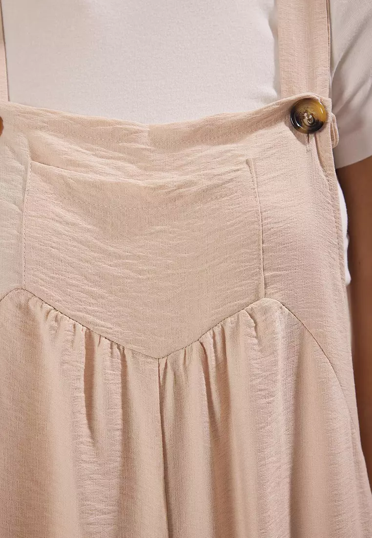 Beige Button Detail Square Collar Wide Leg Jumpsuit Twoss21Tu0090