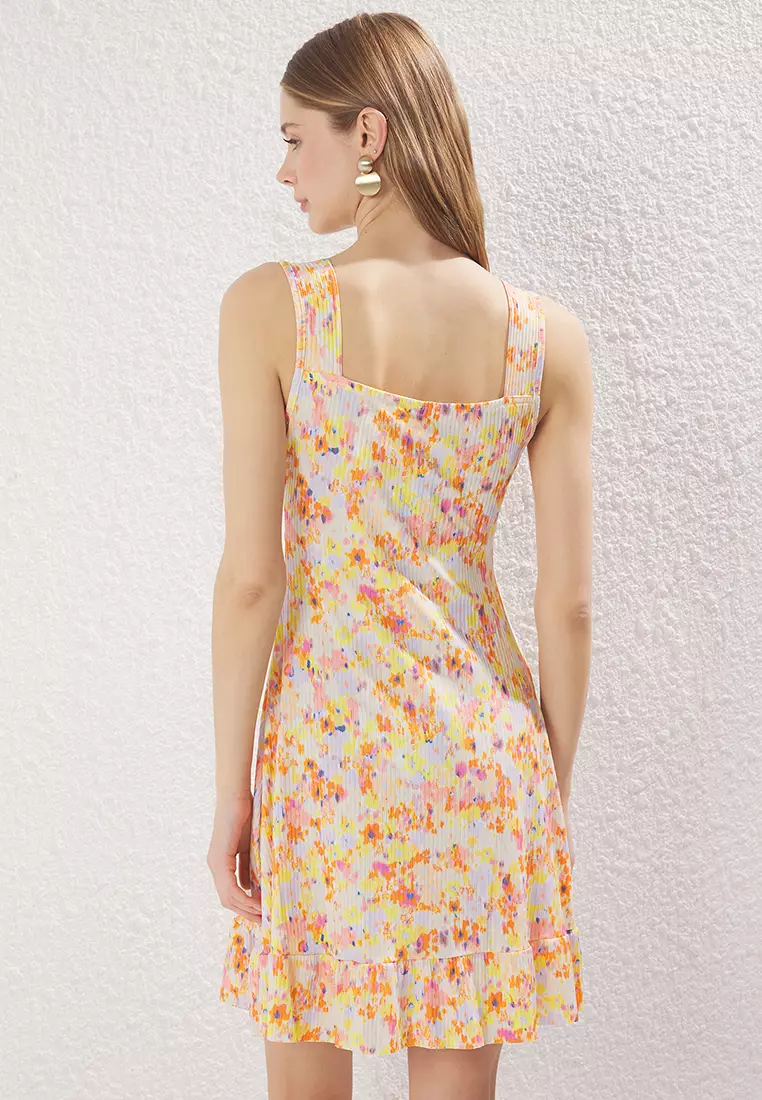 Orange Printed Square Neck Flounce A-Line Mini Knitted Mini Dress TWOSS23EL00348