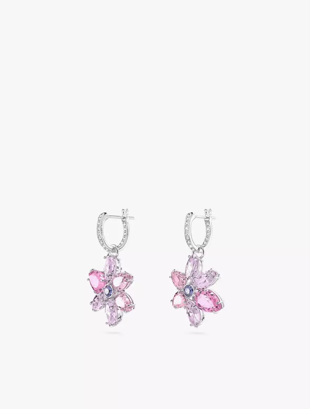 Gema Drop Earrings, Mixed Cuts, Flower, Pink, Rhodium Plated - Pink