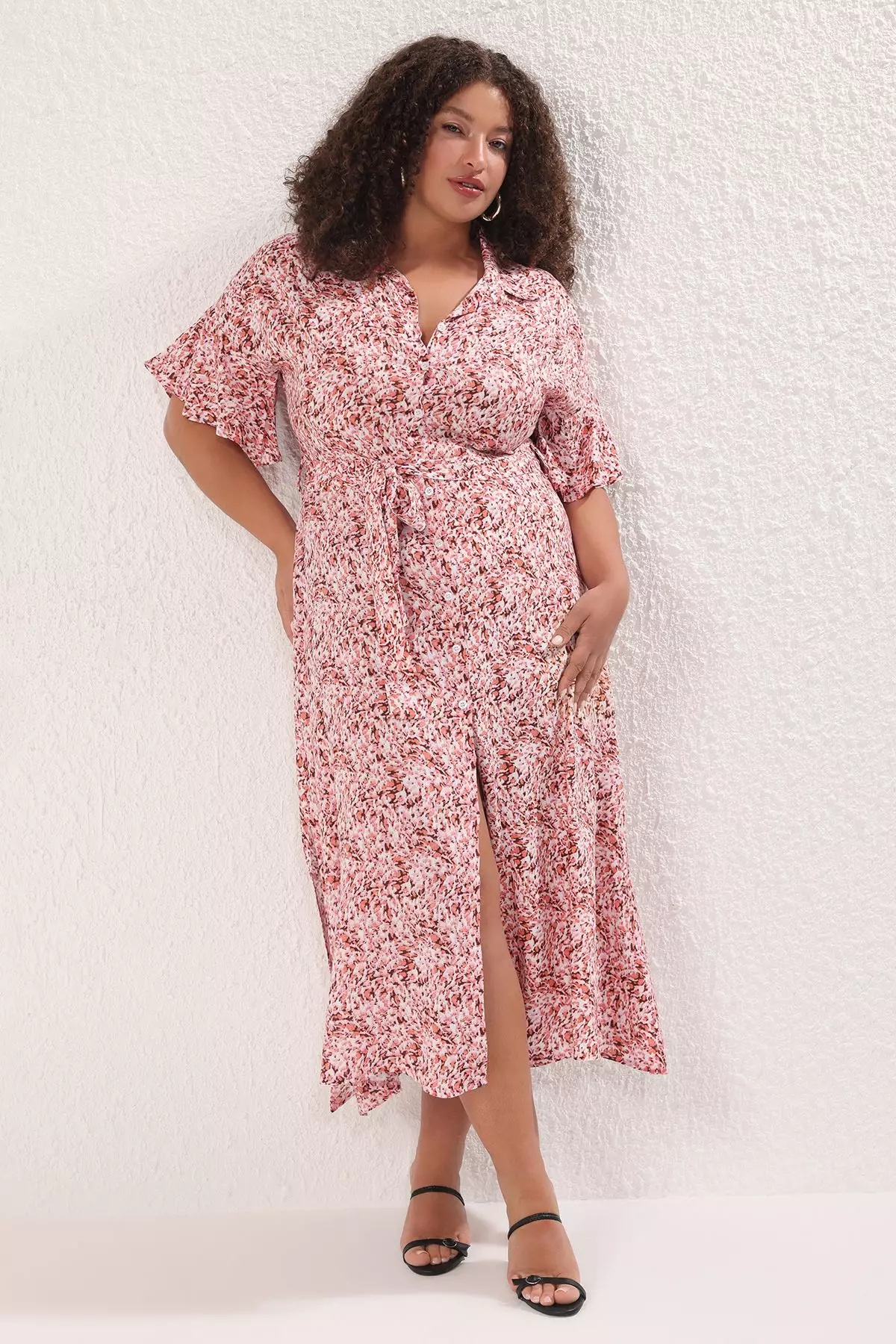 Pink Abstract Patterned Woven Slit Shirt Dress TBBSS22EL1596