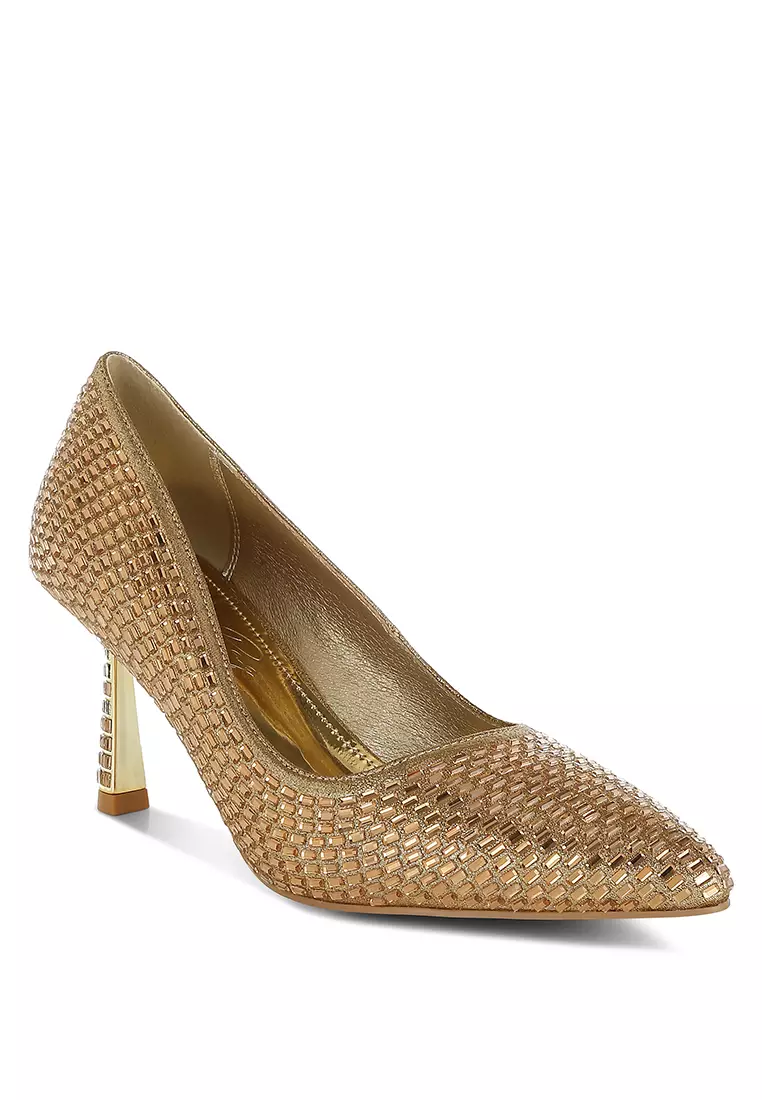 Sepatu Pumps Berhias Berlian Imitasi Warna Emas