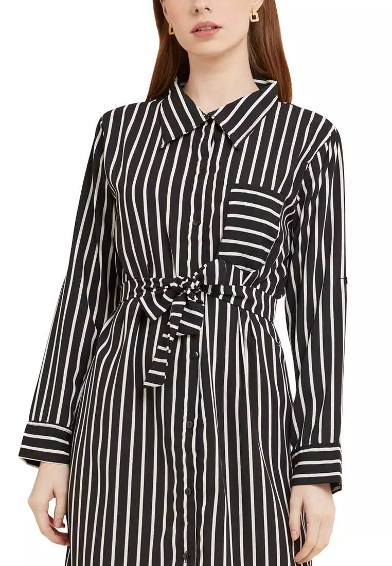 Mini Dress Salur Lengan Panjang Self Tie Belt Wanita - Black