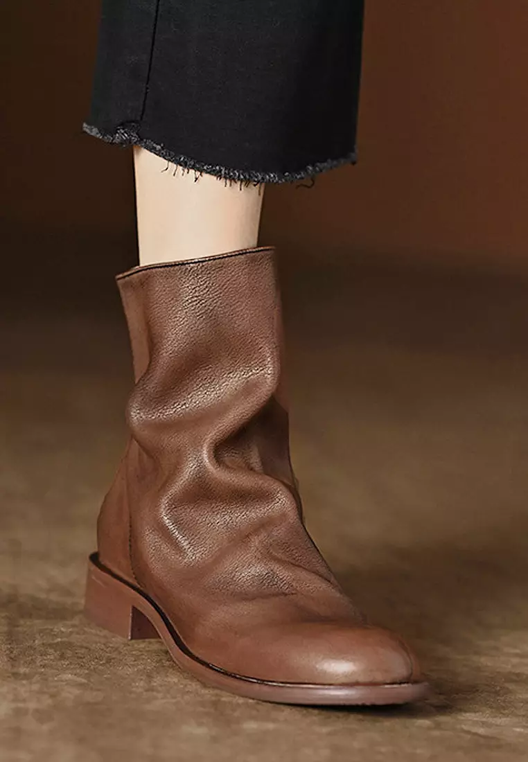VANSA Vintage Washed Cow Leather Crinkled Booties VSW-B837-5