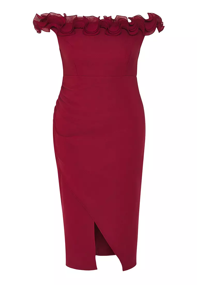 Burgundy Madonna Collar Frilly Slit Woven Large Size Dress Tbbss25Ah00142
