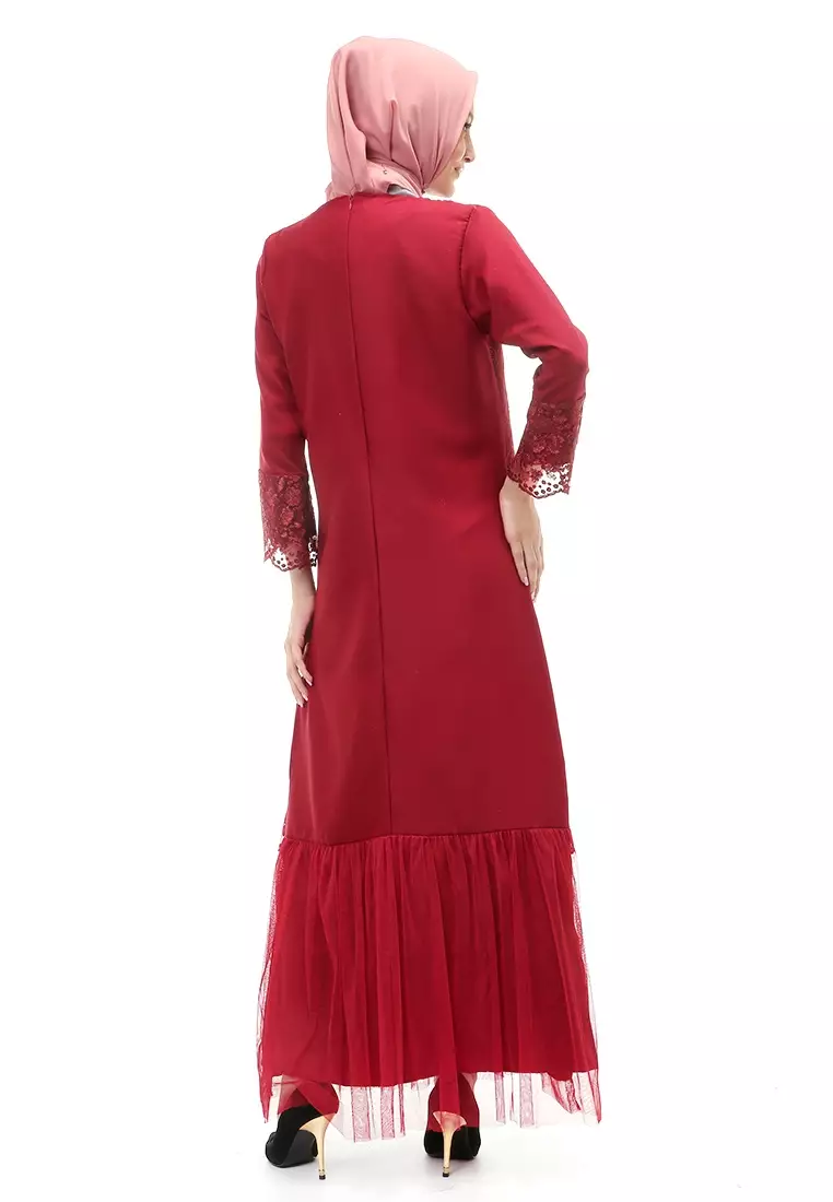 Diana Gamis Brukat Wanita Muslimah Lapis Moscrepe Premium Quality - Maroon